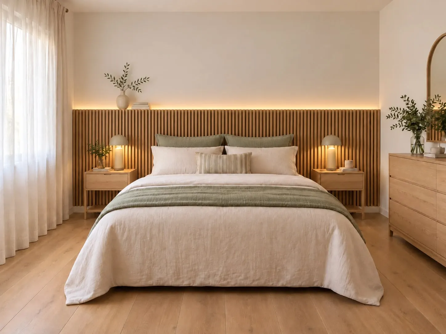 Dormitorio con palillería de roble a media altura con luz LED y tarima de roble claro
