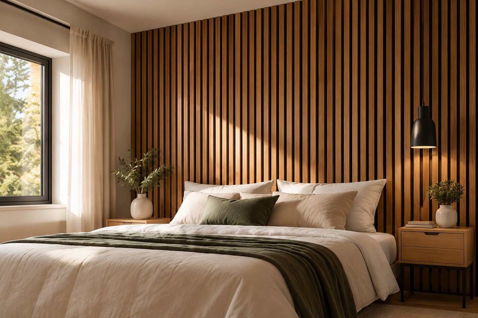Dormitorio con pared completa de palillería de roble detrás de la cama