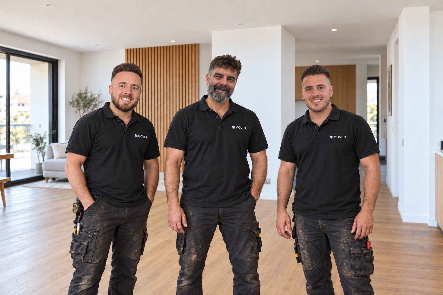 Modesto y su equipo sonriendo con el polo de MOVER en un salón con tarima de roble recién instalada